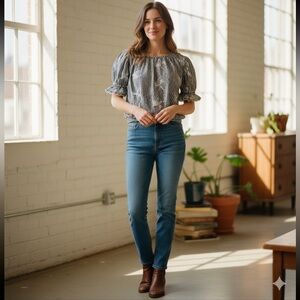 Broadway 38 Gingham Floral Embroidered Eyelet Crop Blouse Ruffle Sleeve Womens M